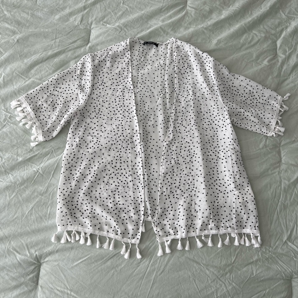 White And Black Tassel Detail Polka Dot Kimono